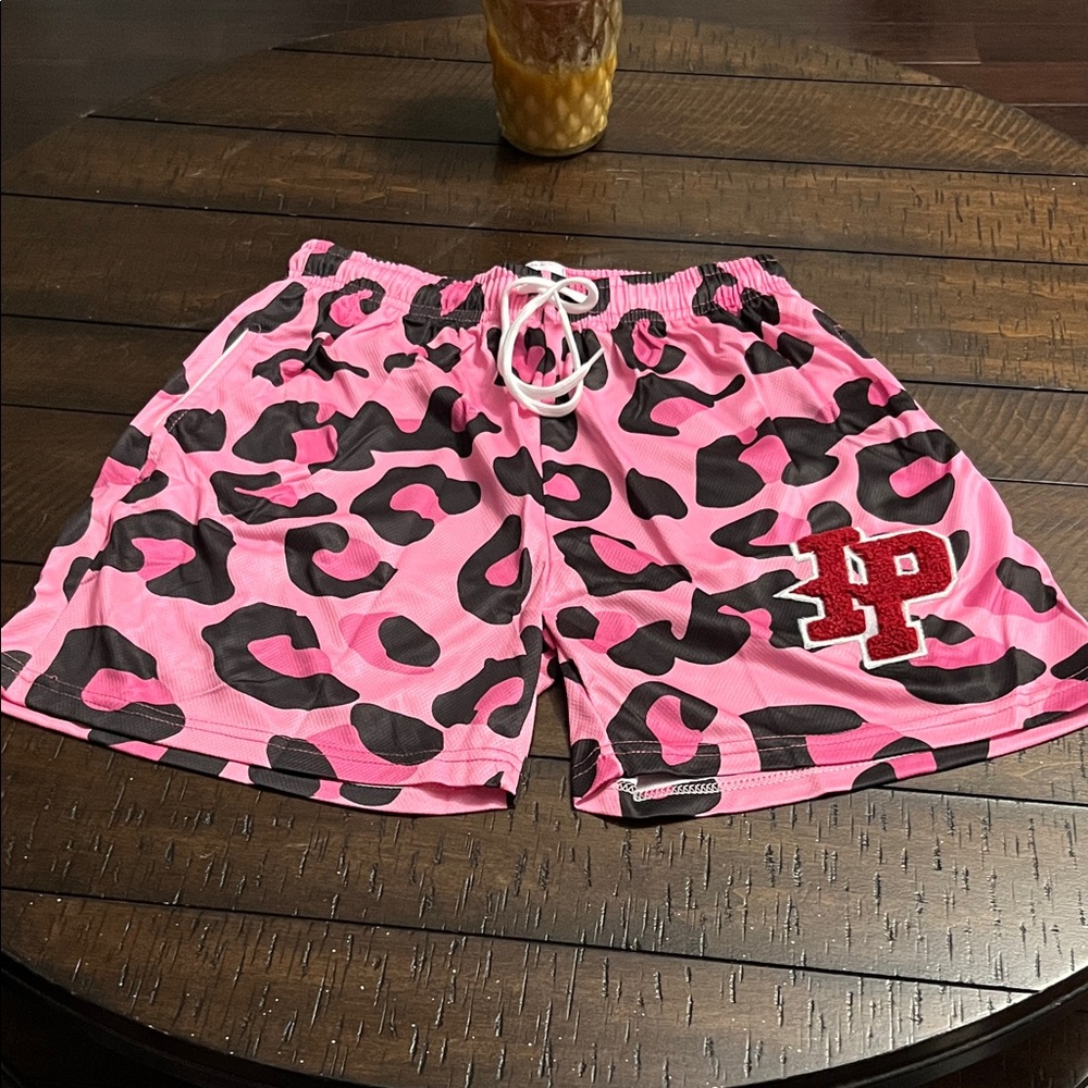 Inaka Power Pink Black Leopard Print Athletic Shorts with Red Patch